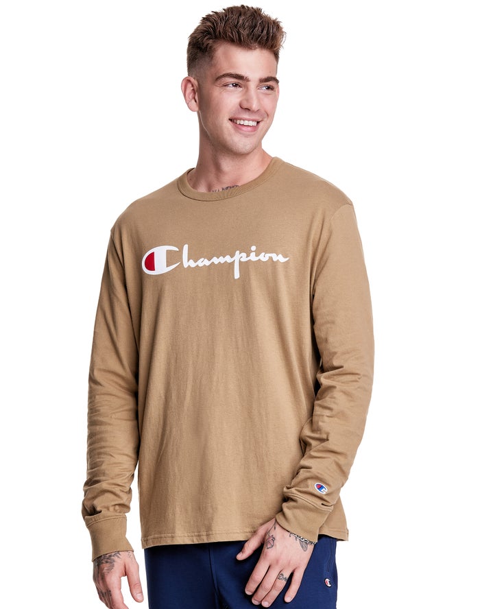 Champion Mens T-Shirt NZ - Long-Sleeve Lightweight Script Logo Khaki ( 1729-FBRSN )